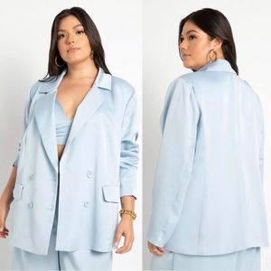 Eloquii Oversized Double Breasted Satin Blazer in Baby Blue